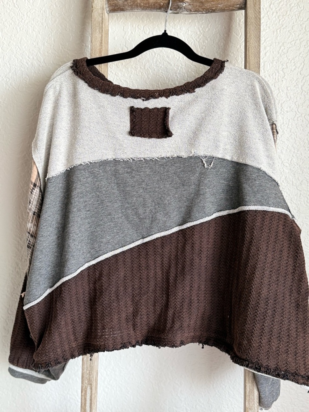 POL Mixed-Media Crewneck Sweater in Gray & Brown with Plaid Patch - Picture 5 of 5